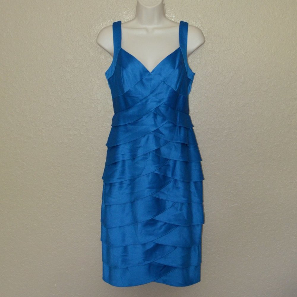 Sz 8 London Times Royal Aegean Blue Ruffle Tiered BodyCon Dress - Picture 5 of 17